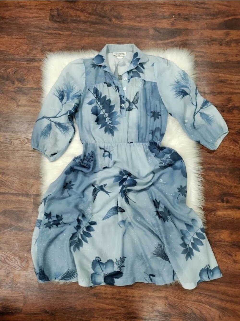 VTG 60's Petites By Penny Young Floral Bird Print Midi Dress Blue Womens Size 10 - Picture 6 of 15
